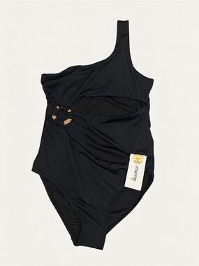 Submarine Black One-Shoulder Kids Swimsuit with Ring Cutout